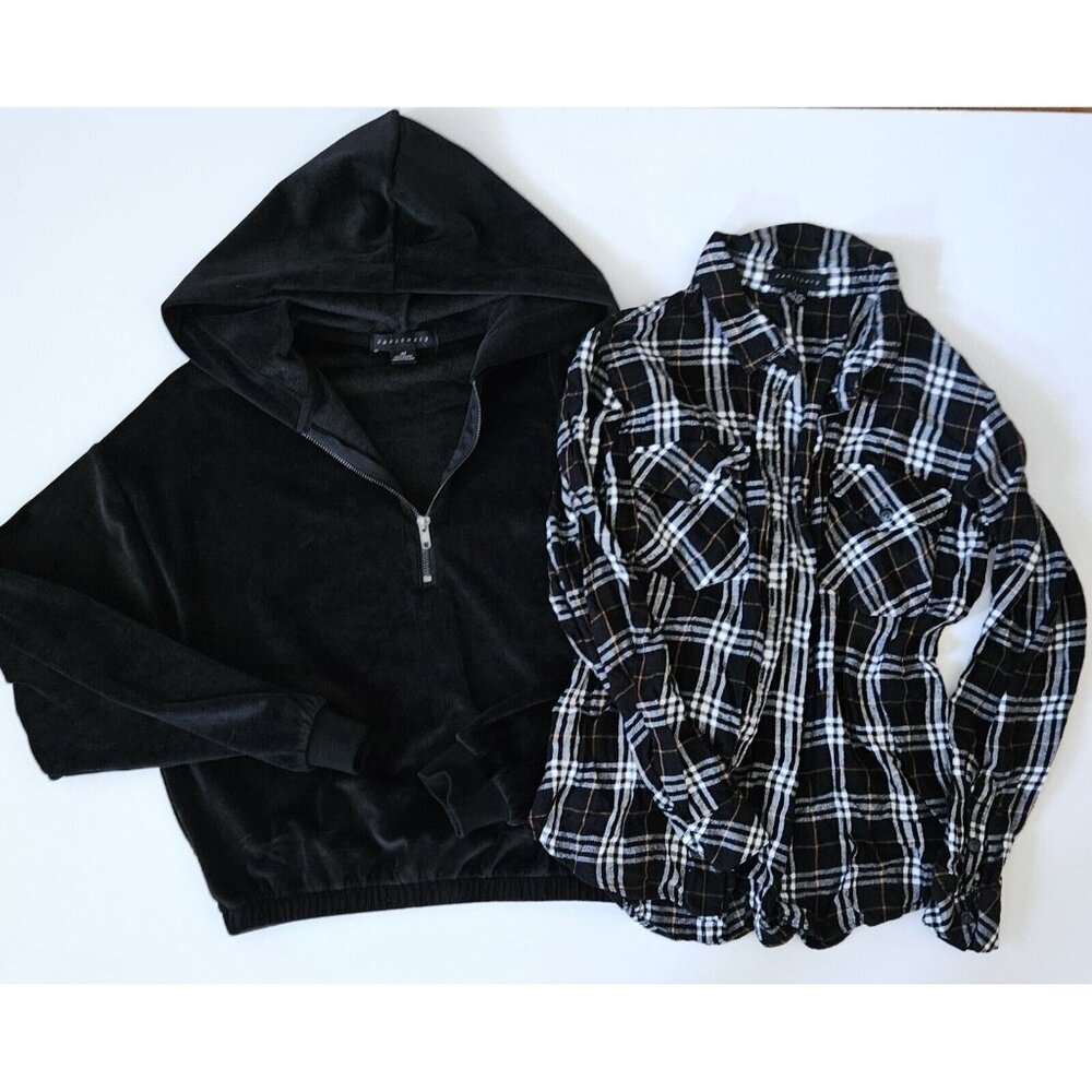 Sanctuary XS S 1/4 Zip Black Plush Cropped Hoodie Brushed Flannel Shirt